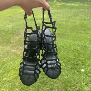 Black Block Heel Gladiator Strappy Ankle Buckle Open Toe Mid Heel